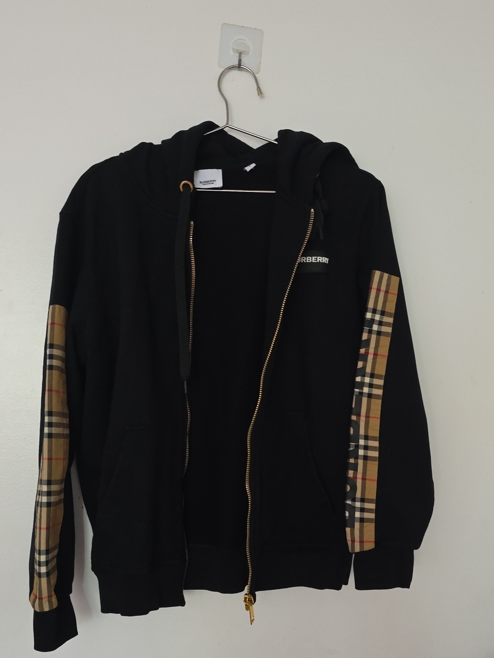 Burberry Black Zip Hoodie with Beige Nova Check Sleeve - Picture 3 of 11